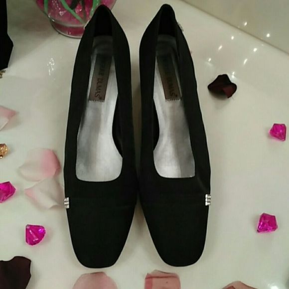 🎩 Pierre Dumas 10 sz block heels rhinestones black satin shoes for party holiday - Picture 5 of 13